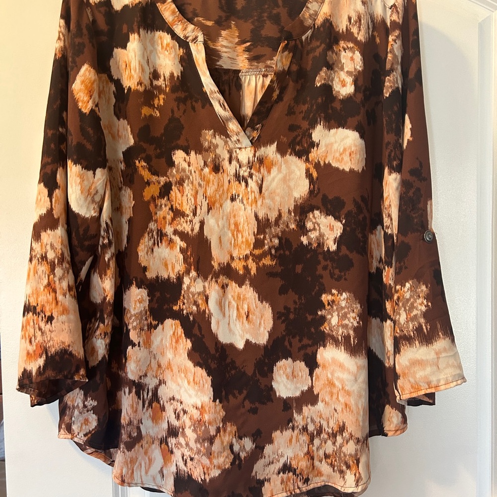 Maurices Brown and Cream Floral V-Neck Blouse